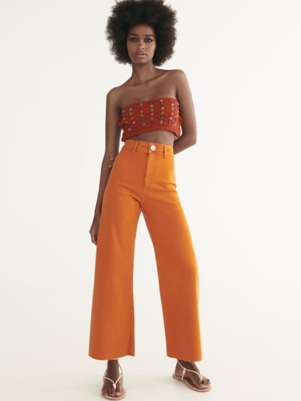 ZARA Marine Orange Stretch Denim High Waisted Wide Leg Jeans, Size 0/22